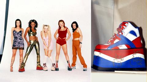 Bildkombination aus zwei Fotos: links die Spice Girls, die zum Teil Buffalo Boots tragen; recht ein Turnschuh mit sehr hoher Plateausohle in Nahaufnahme.