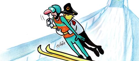 Ein Skispringer auf der Olympiaschanze bekommt mitten im Flug von einem Polizisten einen Nasenabstrich entnommen.