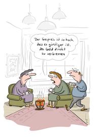 Karikatur: Menschen sitzen im Wohnzimmer um ein Feuer.
