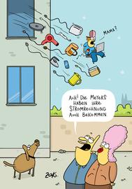 Karikatur: Aus einem Fenster fliegen Elektrogeräte und ein Junge mit Laptop