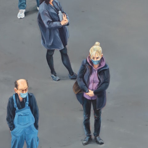 Menschen warten, porträtiert von Malerin Christine Reinckens