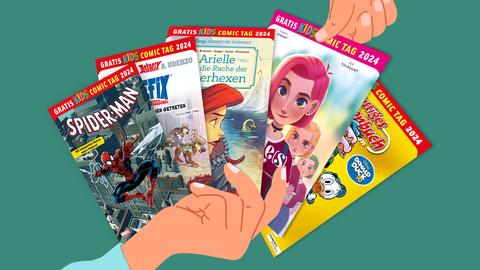 Grafik: Vor einem grünen Hintergund ist links einen Hand zu sehen, die diverse Comics (Cover) in der Hand hält. Rechts oben zupft eine Hand ein Comic aus dem aufgefächerten Angebot.