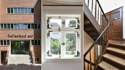 Drei Fotos nebeneinander von historischen Gebäuden - links: eine Außenansicht eines Schwimmbadgebäudes, mitte: ein Blick aus einem Fenster mit alten Beschlägen, rechts: ein Treppenhaus.