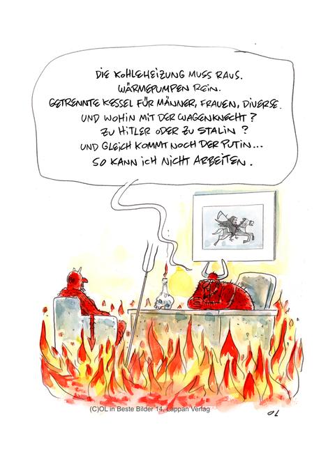 Cartoon über den Teufel im Gespräch mit einem Mitarbeiter: "Die Kohleheizung muss raus."