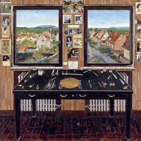 Dreiteiliges Gemälde: Links eine Frau mit Kleinkind, rechts ein Mann, in der Mitte ein Blick aus dem Fenster