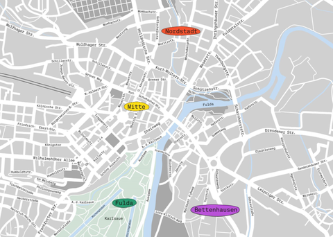 Peta dengan area yang disorot dalam warna cerah tempat Documenta 15. ditampilkan