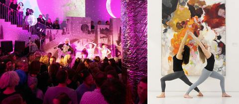 Bildkombination aus zwei Fotos: links ein Foto einer Performance im Museum mit vielen Menschen in violettem Licht; rechts Yogafiguren vor einem Bild im Museum