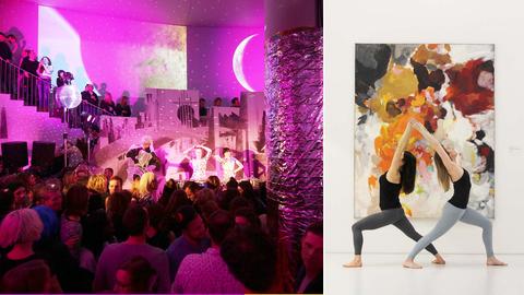 Bildkombination aus zwei Fotos: links ein Foto einer Performance im Museum mit vielen Menschen in violettem Licht; rechts Yogafiguren vor einem Bild im Museum