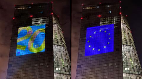 Bildkombo: Fassade der EZB illuminiert mit dem Eurozeichen und einer gelben 20 auf blauem Grund