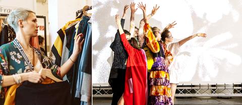 Collage: Eine Frau mit Kleidern an einer Kleiderstange, tanze Menschen in bunter Kleidung