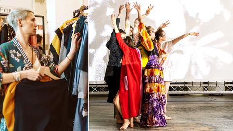 Collage: Eine Frau mit Kleidern an einer Kleiderstange, tanze Menschen in bunter Kleidung
