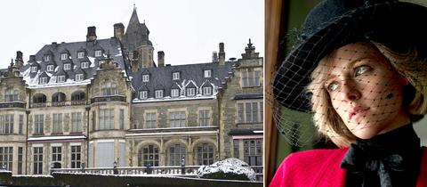 Bildkombination aus zwei Fotos: rechts Kristen Stewart als Lady Di und links die Ansicht des Schlosshotel Kronberg