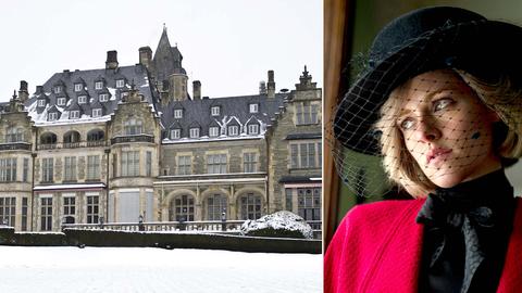 Bildkombination aus zwei Fotos: rechts Kristen Stewart als Lady Di und links die Ansicht des Schlosshotel Kronberg