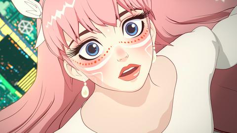 Das Bild zeigt ein gezeichnetes Mädchen mit rosa Haare, weit aufgerissenen Augen und offenem Mund im Manga-Stil. 