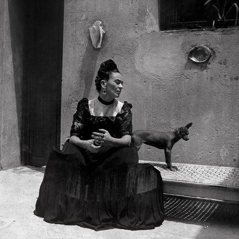 Eine Frau im schwarzen Kleid sitzt vor einem Haus in der Sonne und schaut auf einen kleinen Hund neben sich.
