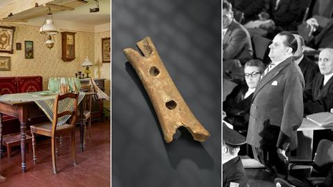 Bildkombination aus drei Fotos: links Blick in eine historische Küche, mittig ein ärchaologisc