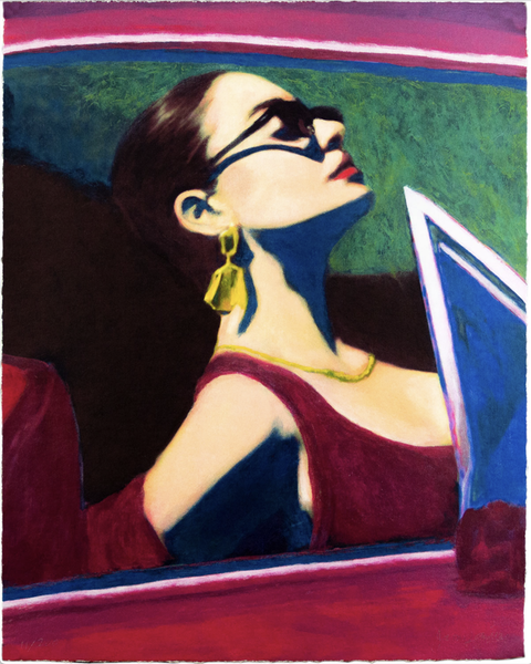 Gemälde einer brünetten Frau in einem Cabrio