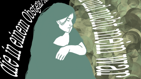 Das Bild zeigt eine Illustration aus dem Gedichtband "182 Tage" von Hafen der Zuflucht-Stipendiatin Victoria Feshchuk. Darauf ist eine in Grün gezeichnete Frau zu sehen, die traurig aussieht und ihren Kopf auf ihre Knie aufstützt. Links von ihr ist der Hintergrund schwarz, rechts in mehreren Grüntönen gestaltet. Um sie herum bewegen sich Worte in einer Art Halbkreis.