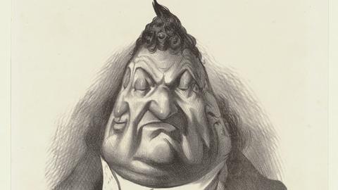 Die Kreidelithografie Le Passé – le présent – l'avenir von Honoré Daumier zeigt das Gesicht eines kritisch guckenden Mannes. An den Seiten seines Kopfes ist jeweils noch einmal sein Gesicht zu sehen.