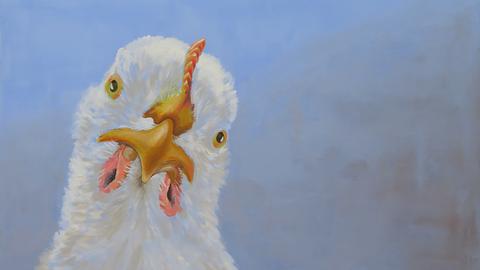 Malerei von Anne Dohrenkamp: Ein Huhn - darüber fliegen zwei Möwen