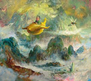Gemälde: Ein Raumschiff fliegt durch Berge mit Hurzlmeier an Bord