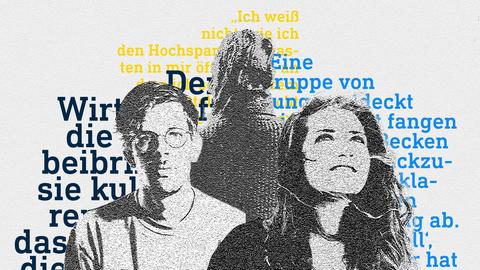 Die Grafik zeigt drei Textauszuege und drei Oberkörper der Protagonist*innen grafisch verfremdet und arrangiert.
