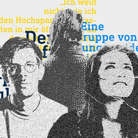 Die Grafik zeigt drei Textauszuege und drei Oberkörper der Protagonist*innen grafisch verfremdet und arrangiert.