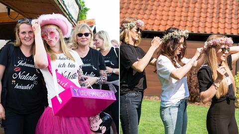 Collage: Frau mit pinkem Cowboyhut und Bauchladen, umrahmt von zwei Frauen und drei junge Frauen flechten sich gegenseitig Blumenkränze