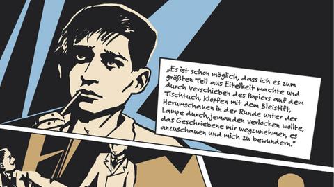 Comic-Ausschnitt: Der junge Kafka kaut nachdenklich an einem Bleistift, daneben eine längere Textblase