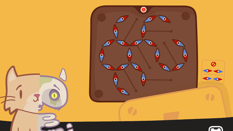 Die Zeichnung zeigt eine Katze und eine braune Fläche mit vielen Magneten.