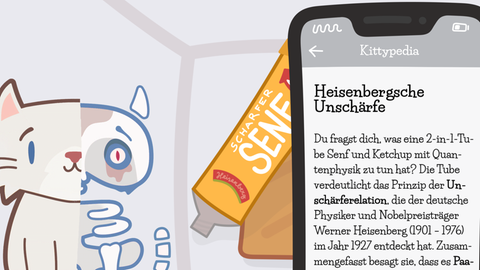 Die Zeichnung zeigt eine Katze, eine Senftube und einen Handy-Screen mit einem Artikel zur "Heisenbergschen Unschärfe".