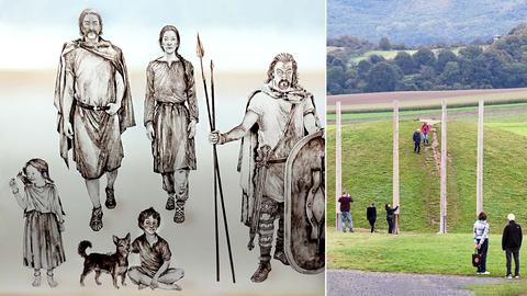 Collage: Zeichnung einer Kelten-Familie / Grabhügel