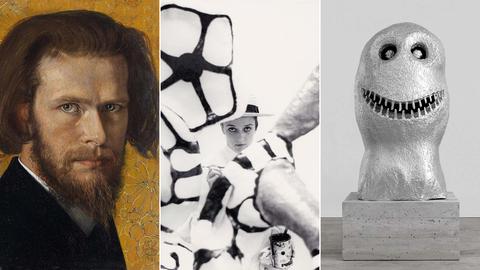 Bildkombo: Selbstbildnis von Oskar Zwintscher, Foto von Niki de Saint Phalle, Skulptur von  Ugo Rondinone