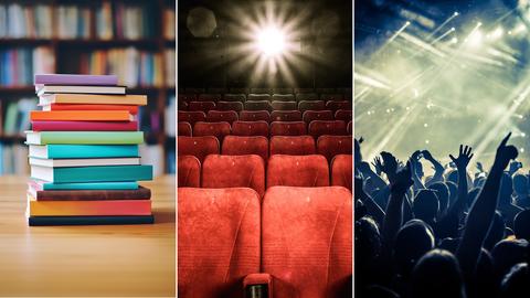 Drei Beispielbilder für die drei häufigsten Ausgaben der Jugendlichen vom Kulturpass. Bücher, Kino und Konzerte