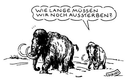 Gezeichneter Cartoon: Zwei Mammuts, das kleine fragt das große: Wie lange müssen wir noch aussterben?