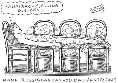 Gezeichneter Cartoon: Ein Mann liegt ausgestreckt auf vier Stühlen, darunter steigen aus Eimern Dämpfe aus. Denkblase: Hauptsache, fluide bleiben!