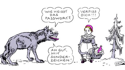 Cartoon mit Rotkäppchen und dem Wolf zum Thema sichere Passwörter