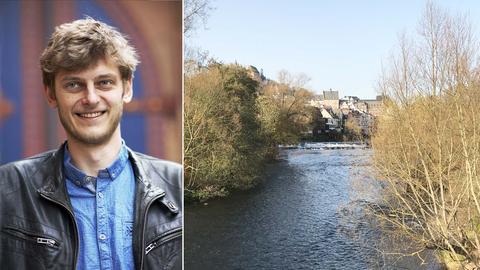 Kombination aus zwei Fotos: links Portrait Felix Scholz, rechts Bild von der Lahn, im Hintergrund Marburg