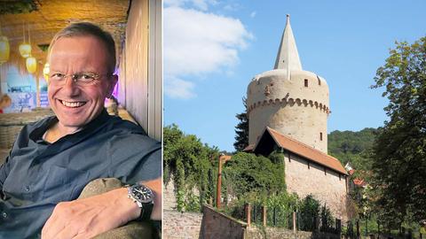 Kombination aus zwei Fotos: links Portrait Matthias Fischer, rechts Bild des historischen, runden Turms "Hexenturm".