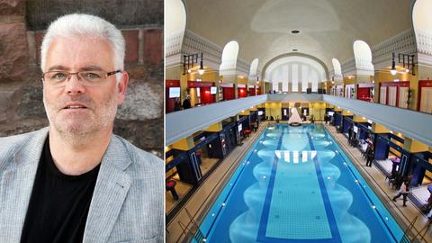 Kombination aus zwei Fotos: links Portrait Michael Kibler, rechts Bild vom Innenraumes eine Jugenstil-Hallenbades.