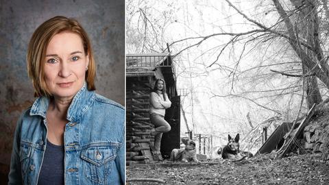 Kombination aus zwei Fotos: links Portrait Nicole Braun, rechts s/wBild einer Frau mit zwei Hunden, die im Wald vor einer kleinen Holzhütte stehen bzw. liegen.