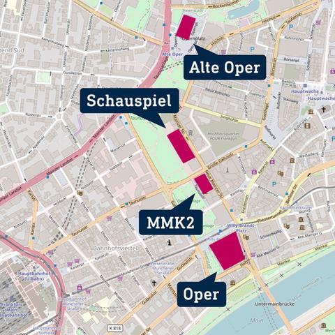 Karte der Innenstadt von Frankfurt, in welche zwei geplante und zwei bestehende Kulturorte verortet wurden.