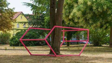 Ein pink lackiertes Stahl-Objekt rahmt einen Baum ein