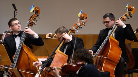 Fahnen der Ukraine stecken während eines Konzerts des Kyiv Symphony Orchestras in Dresden an den Instrumenten der Musiker. 