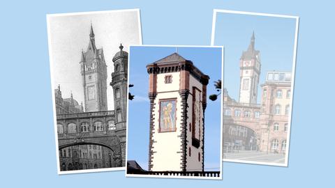 Auf hellblauer Fläche sind drei Fotos des Bauwerks bzw. Turms "Langer Franz" nebeneinander angeordnet. Links ein historisches S/W-Foto, in der Mitte die Turmspitze mit Notdach, wie sie heute aussieht und rechts eine Visualisierung, wie der Turm künftig aussehen soll (halb durchscheinend).