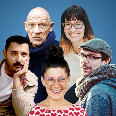 Collage von fünf Portraits der Autoren und Autorinnen auf einem blauen Hintergrund.