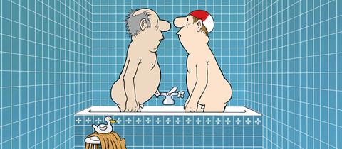 Zeichung zweier Männer, die sich in einer Badewanne gegenüberstehen.