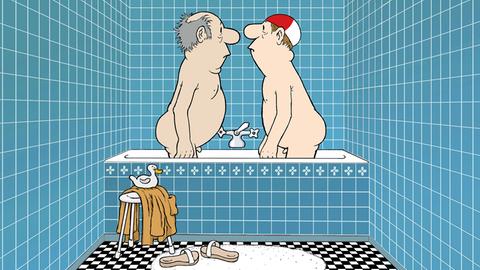 Zeichung zweier Männer, die sich in einer Badewanne gegenüberstehen.