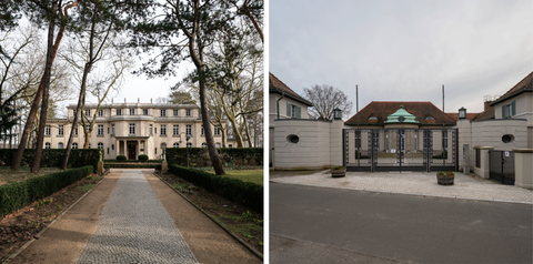 Links die ehemalige Villa Marlier am Berliner Wannsee, rechts die ehemalige Adlon Villa am Potsdamer Lehnitzsee. In beiden wurden menschenverachtende Pläne geschmiedet. 