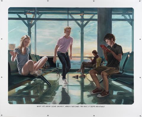 Gemälde: Drei junge Leute in der Wartehalle eines Flughafens